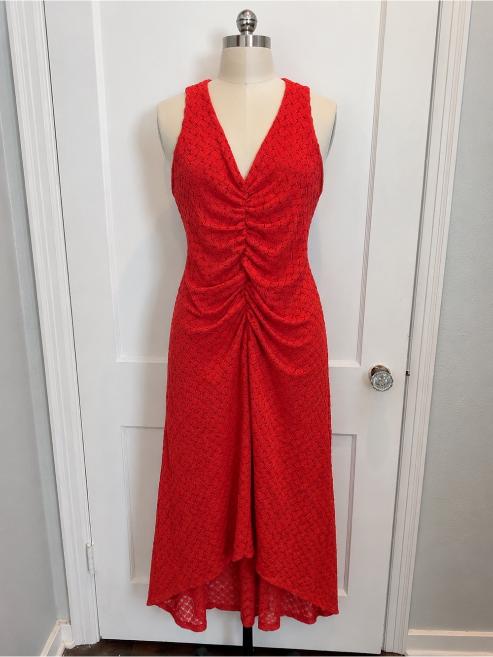 Maison Tara Red/Orange Sleeveless V-Neck Ruched High-Low Dress